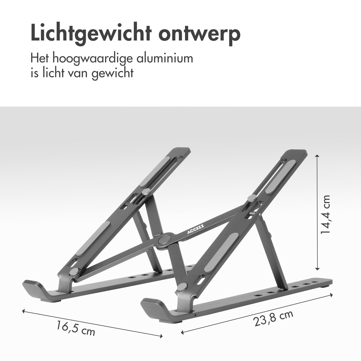 A silver laptop stand with dimensions: 16.5 cm wide, 23.8 cm long, and 14.4 cm high.
