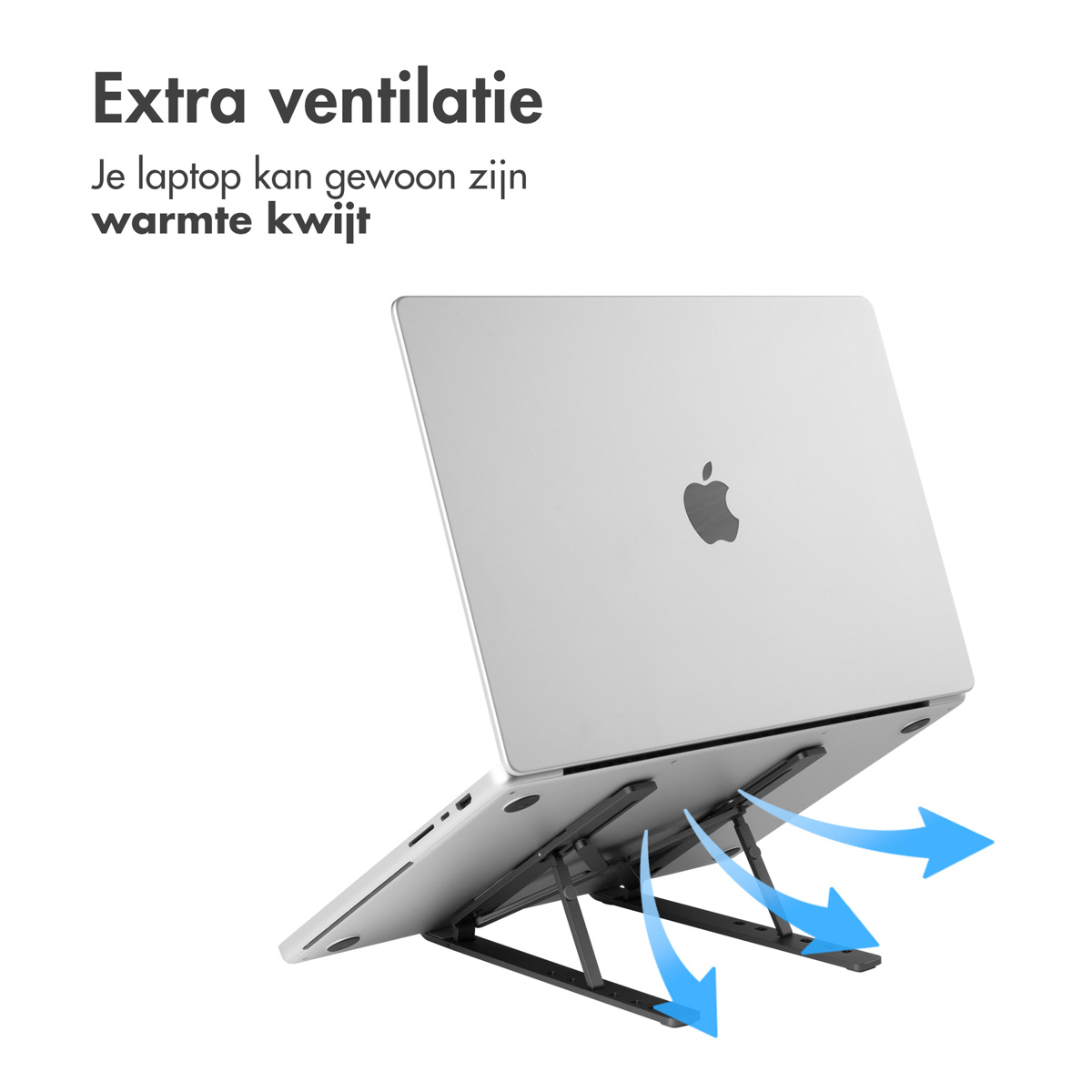 Silver laptop on a black stand with blue arrows indicating airflow.
