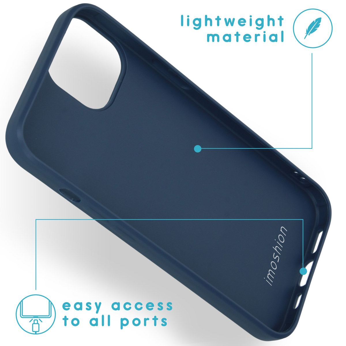 Blaue Handyhülle mit 'imoshion'-Text, Detailpfeile zeigen auf Merkmale.