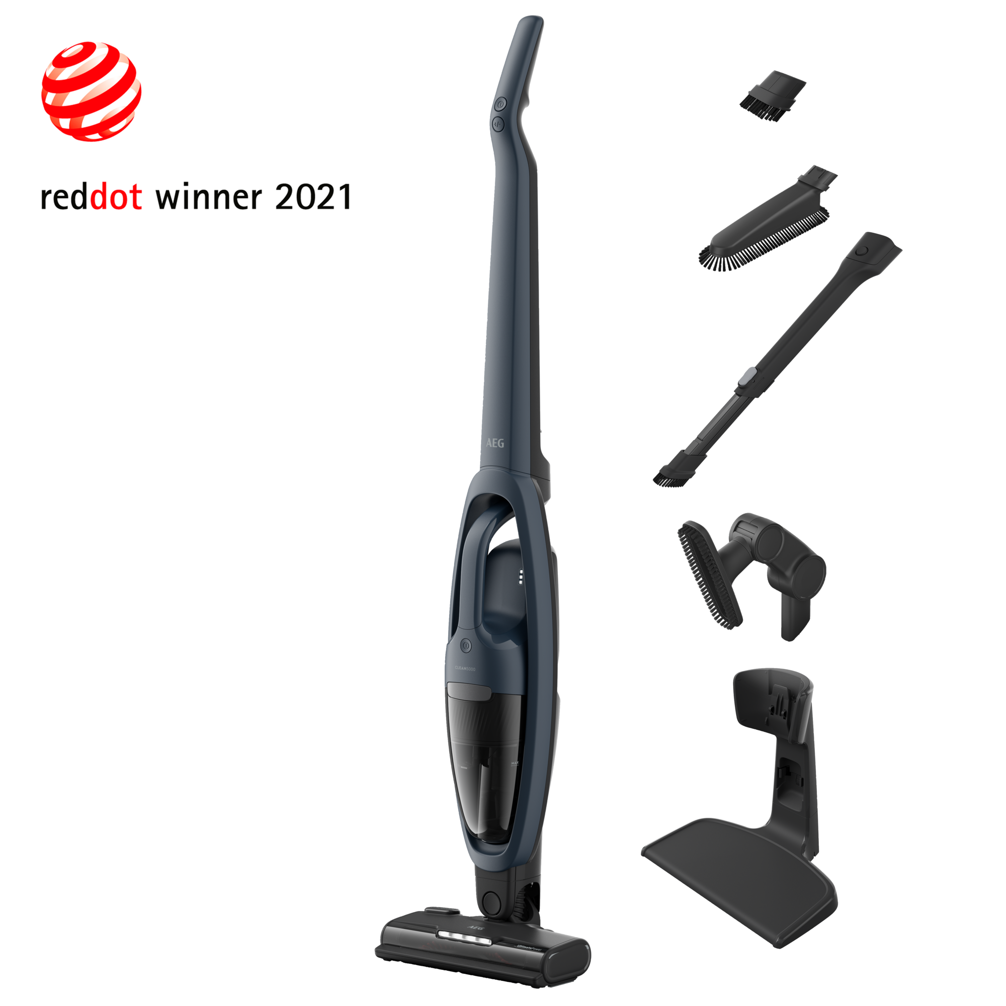 Una aspiradora inalámbrica azul con accesorios y el texto "reddot winner 2021".