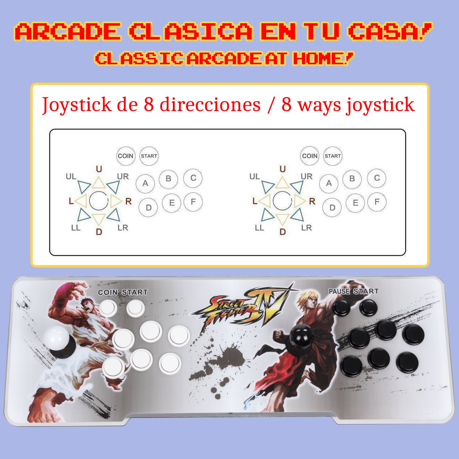 Panel de control de juego arcade con joystick y botones.