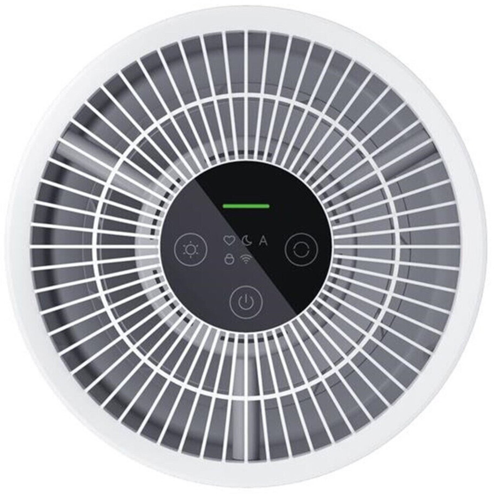 Draufsicht auf einen weißen Luftreiniger mit einem kreisförmigen Ventilator. Die Mitte hat Knöpfe und einen kleinen Bildschirm.
