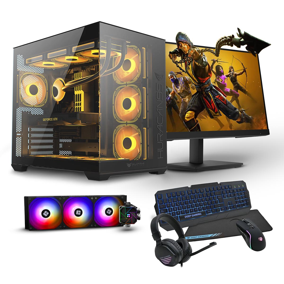 Configuración gaming. PC, monitor, teclado, ratón, auriculares. Iluminación naranja y azul.