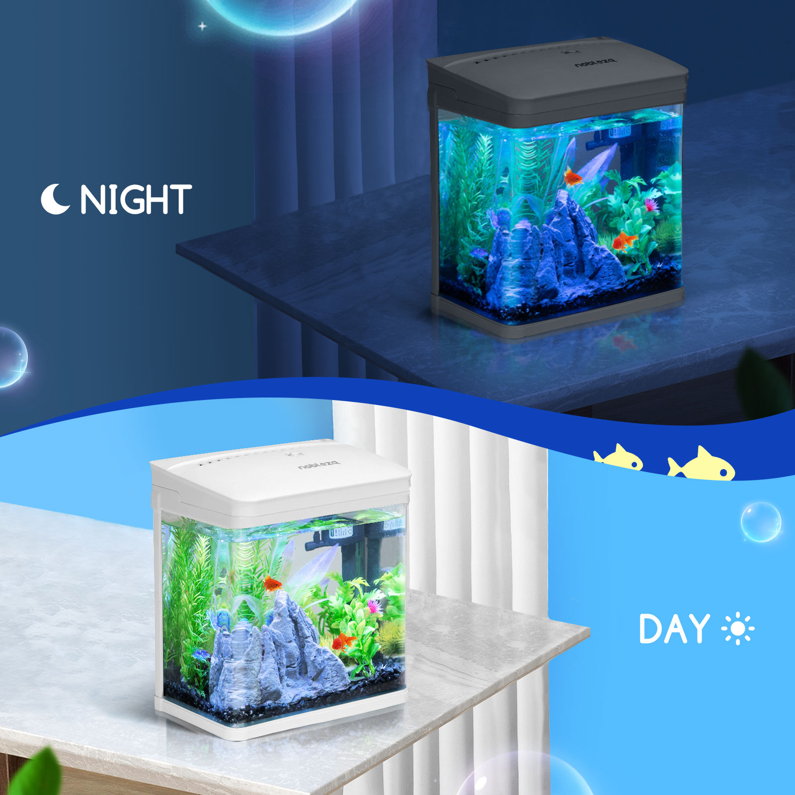 Un acuario con peces, una vista nocturna y diurna. Uno con luz azul, el otro blanco.