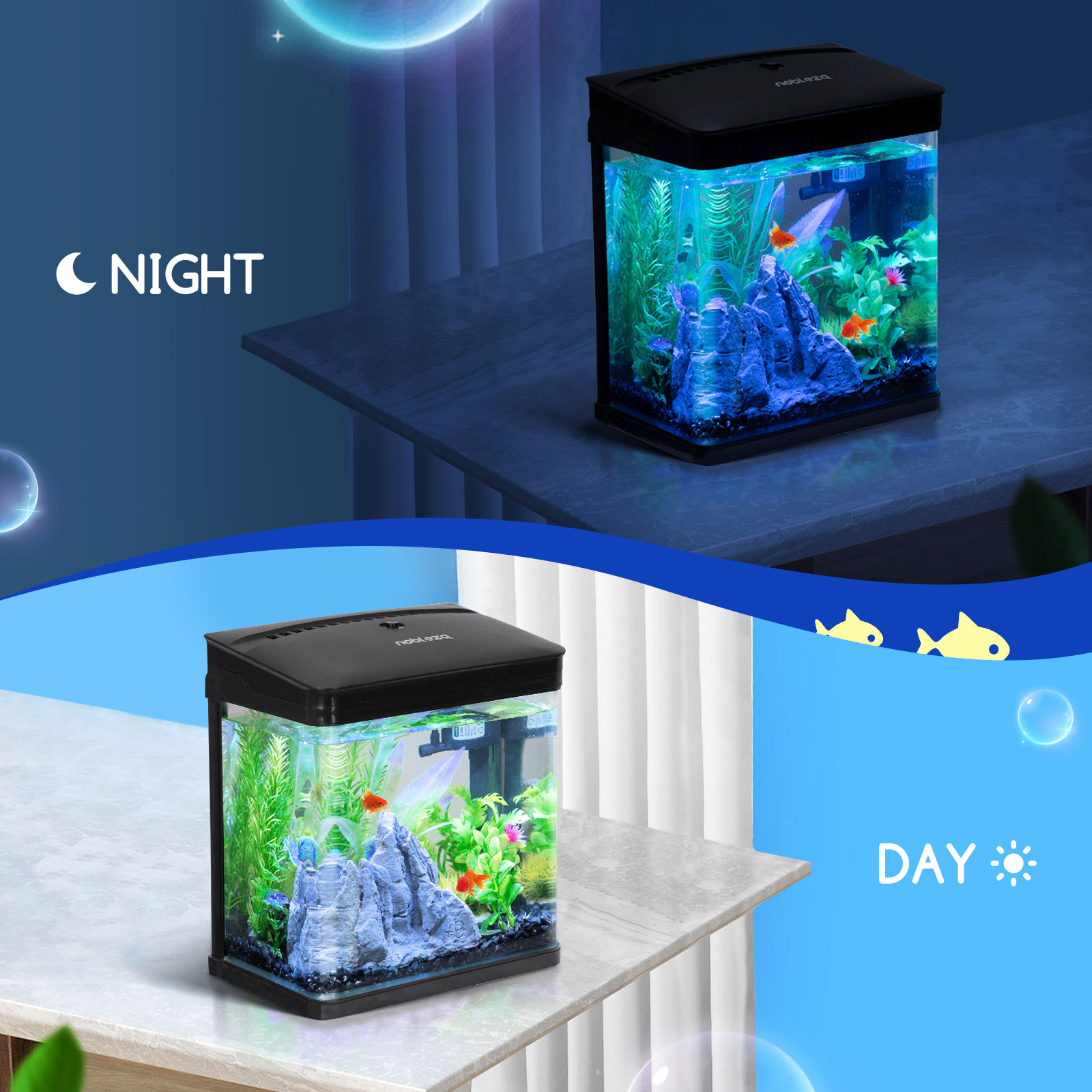 Acuario con peces, iluminado con luz azul de noche y luz blanca de día.