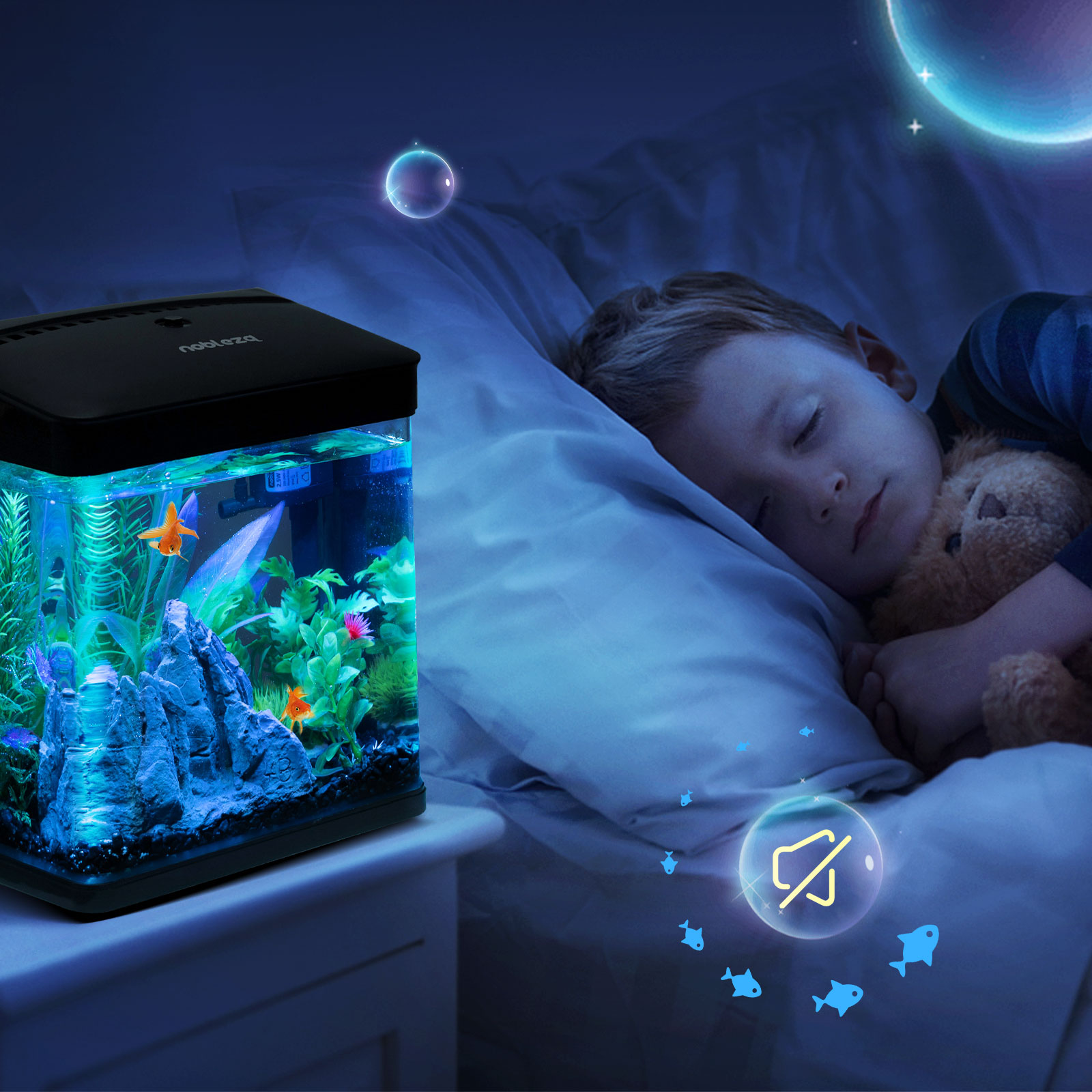 Un niño duerme junto a una pecera. Una burbuja y un gráfico de planeta en el fondo.