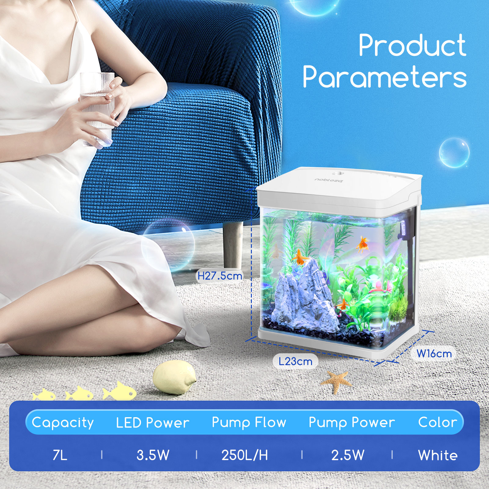 Pequeño acuario blanco con peces y plantas dentro. Tiene un fondo azul y parámetros del producto.