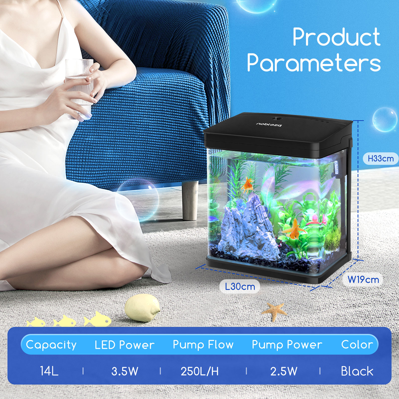 Acuario con peces, rocas y plantas. Mujer con vestido blanco en el fondo con bebida.