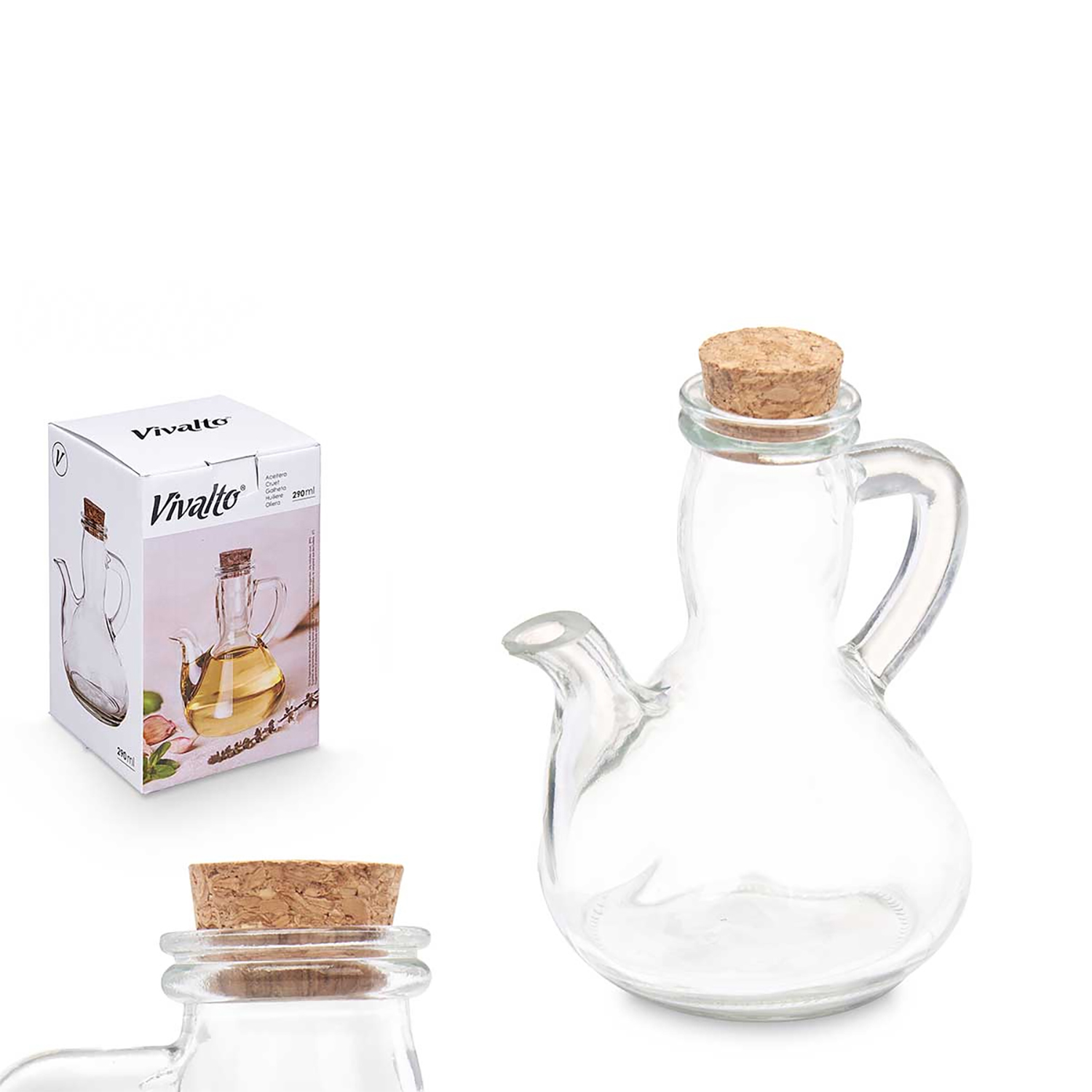 Klare Glasölflasche mit Korken und eine Schachtel mit einem Bild der Flasche.