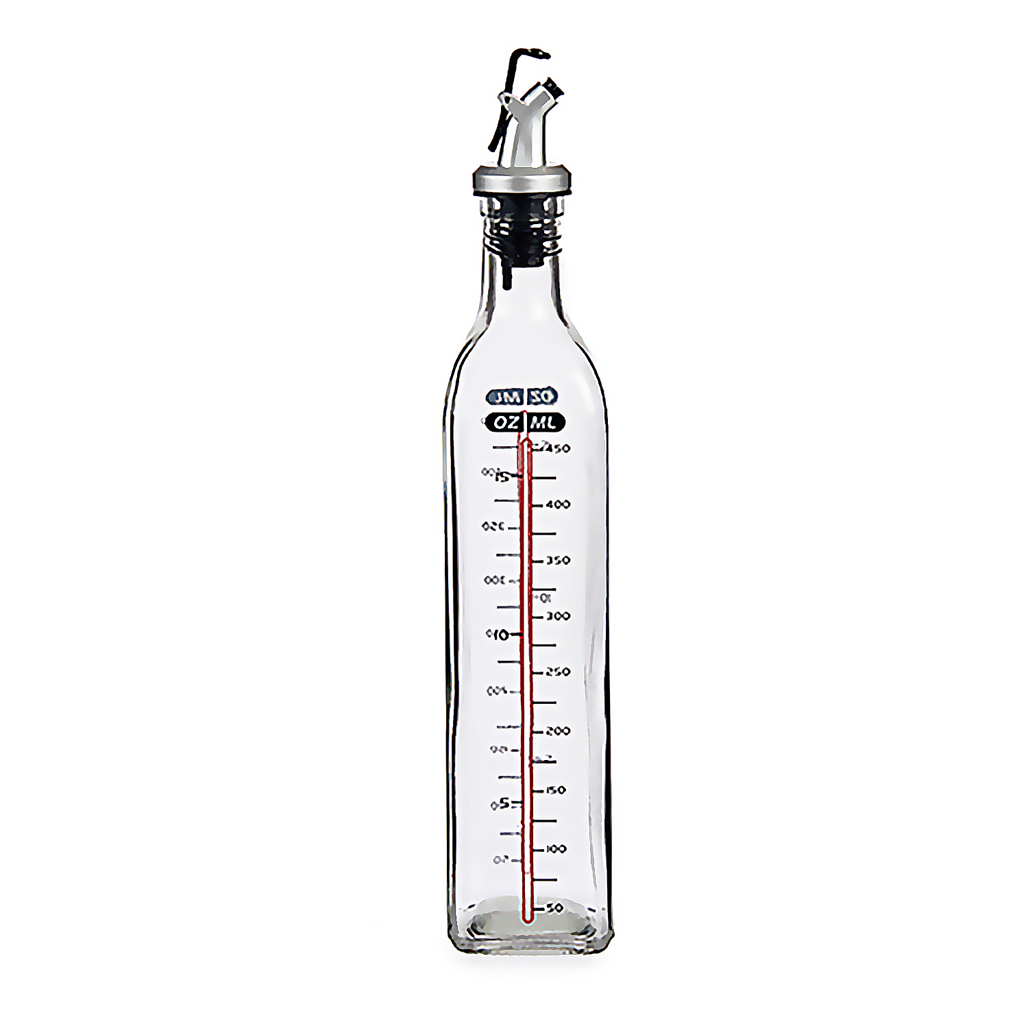 Bottiglia di olio d'oliva in vetro trasparente con beccuccio in acciaio inox e segni di misurazione in oz e ml.