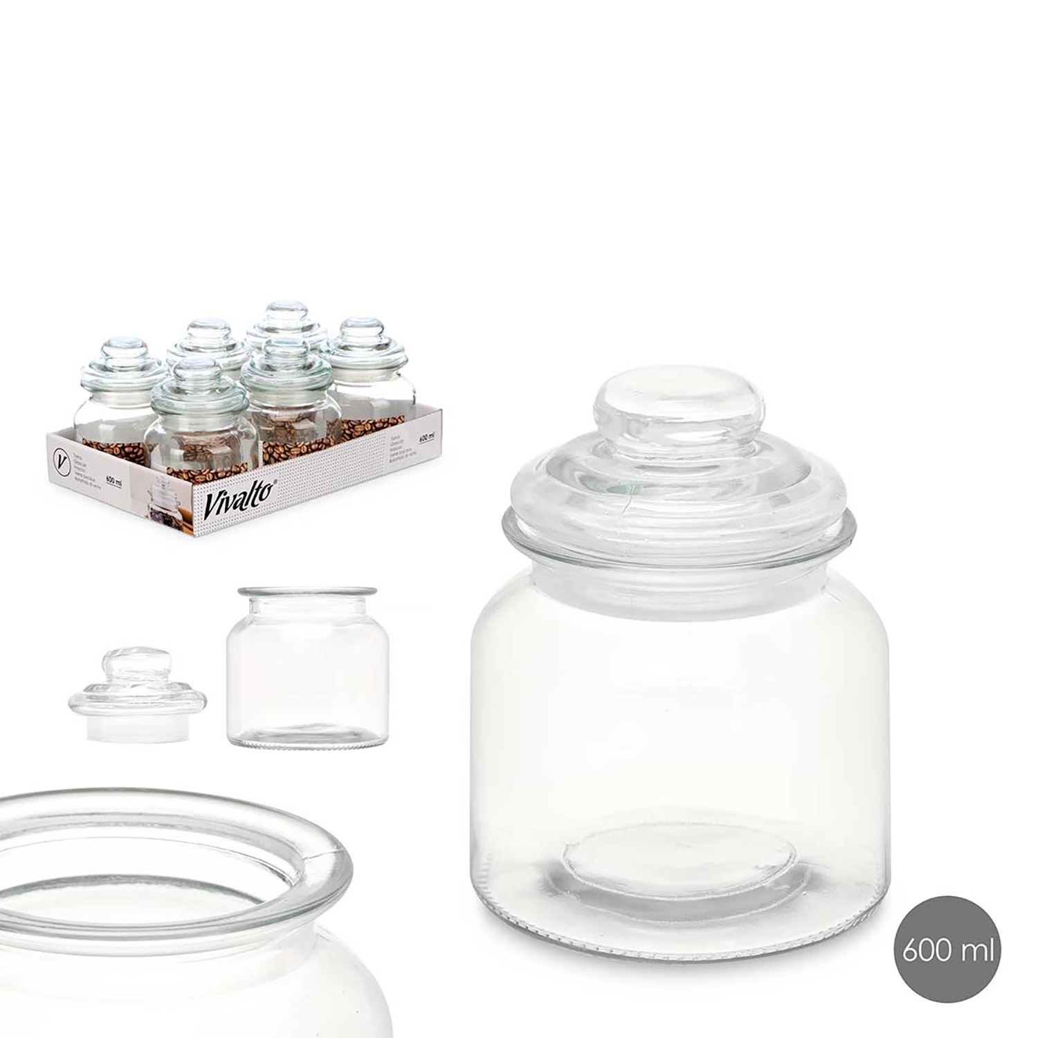 Vaso di vetro trasparente con coperchio. È visibile anche un set di vasi in una scatola.