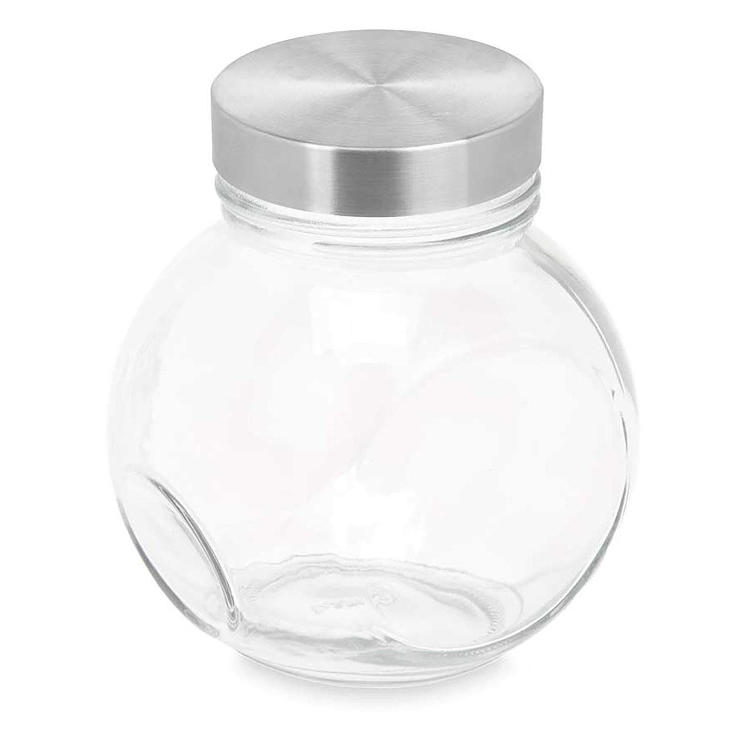 Un barattolo di vetro trasparente con coperchio argentato, forma rotonda, su sfondo bianco.