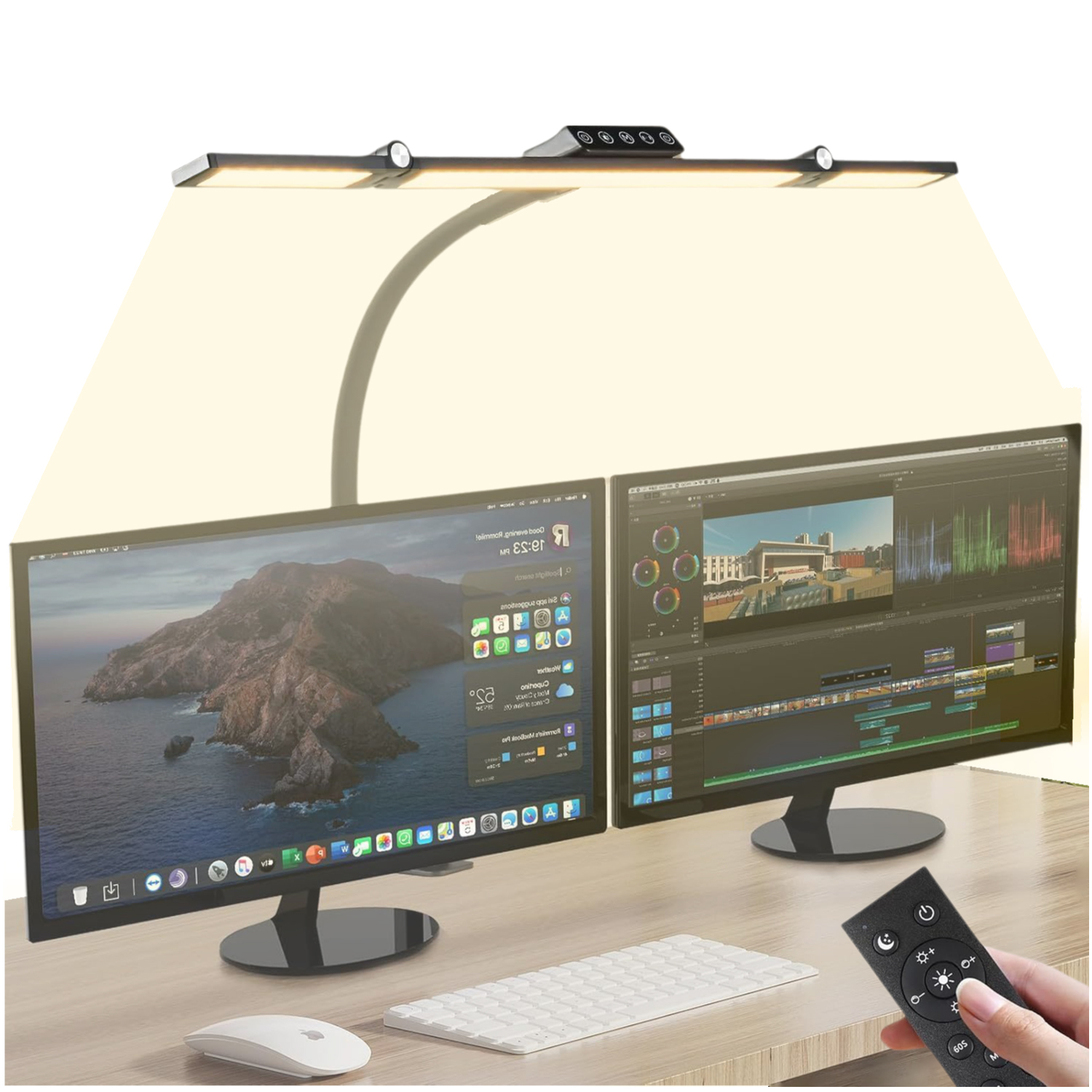Zwei Computermonitore mit einer Schreibtischlampe darüber. Ein Bildschirm zeigt eine Videoschnittstelle, der andere einen Desktop.