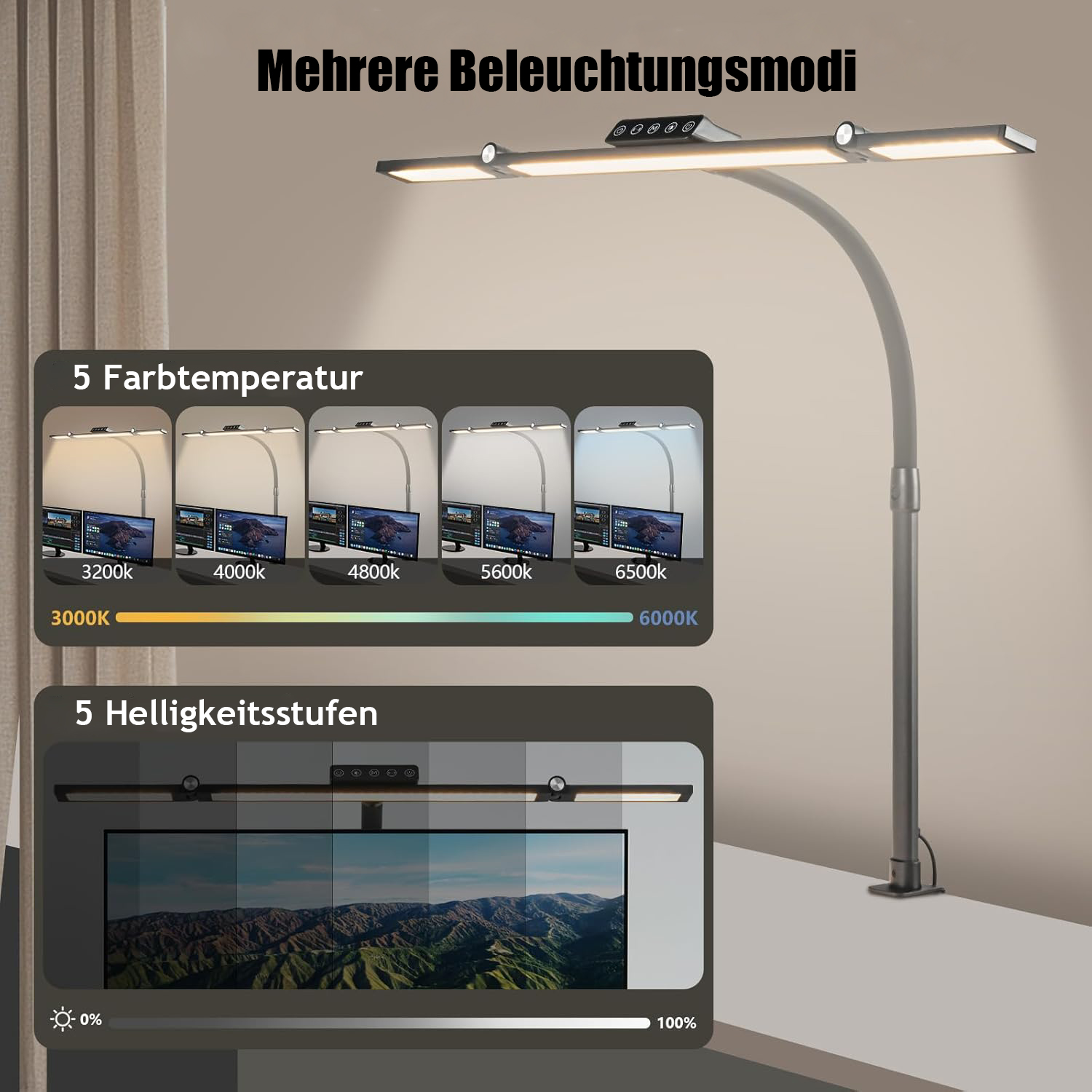 Eine Schreibtischlampe mit mehreren Beleuchtungsmodi und Farbtemperaturen.