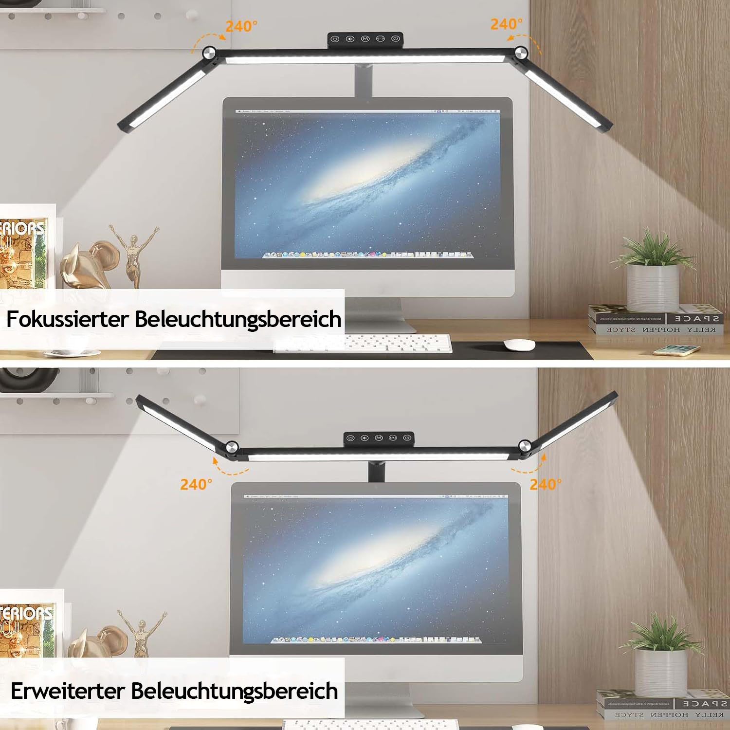 Zwei Bilder, die Monitorleuchten über einem Computermonitor mit unterschiedlichen Beleuchtungswinkeln zeigen.