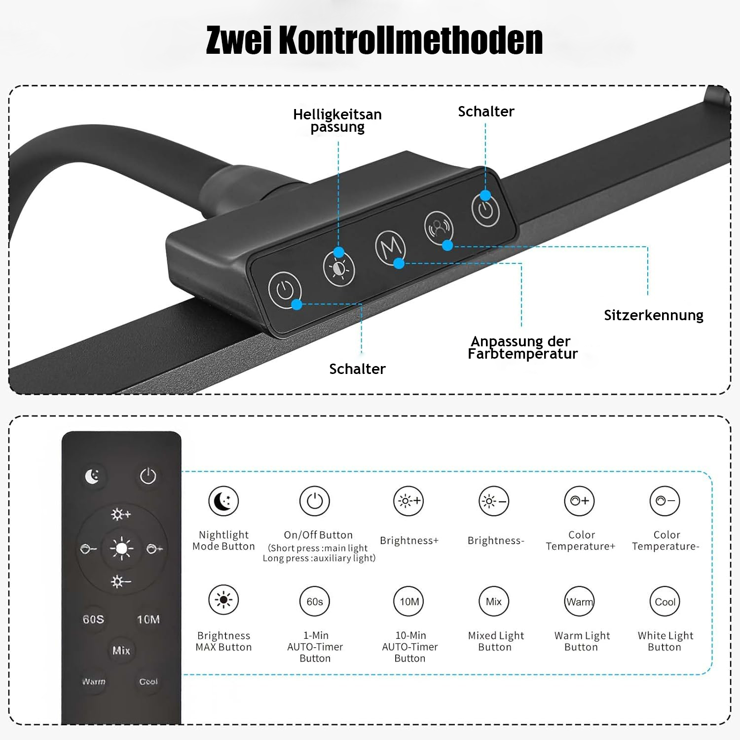 Bedienfeld mit mehreren Tasten. Textbezeichnungen über Tasten für Helligkeit, Einstellungen und Temperatur.