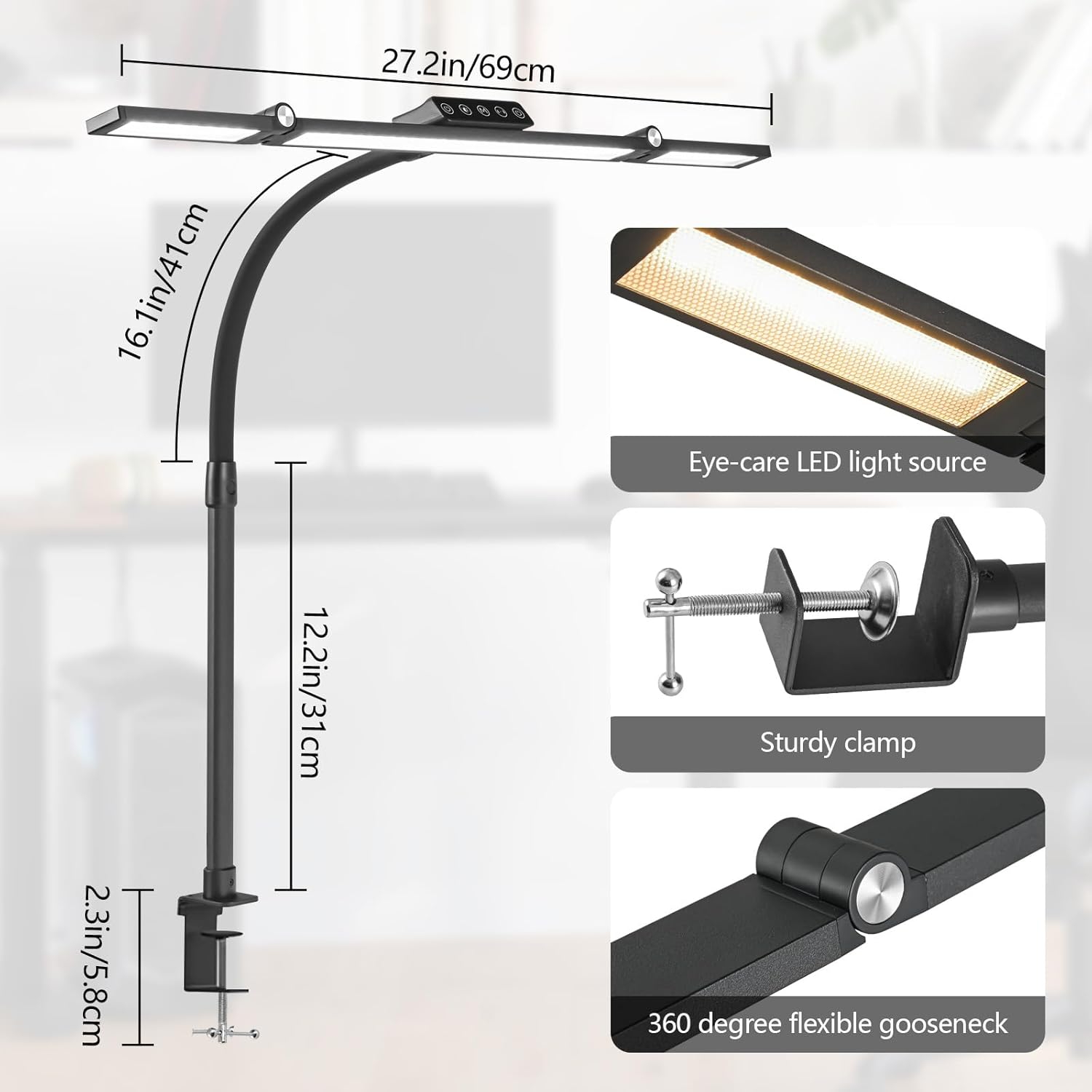 Schwarze Schreibtischlampe mit flexiblem Arm und Klemme. Auf der Lampe sind Maße und Beschriftungen angegeben.