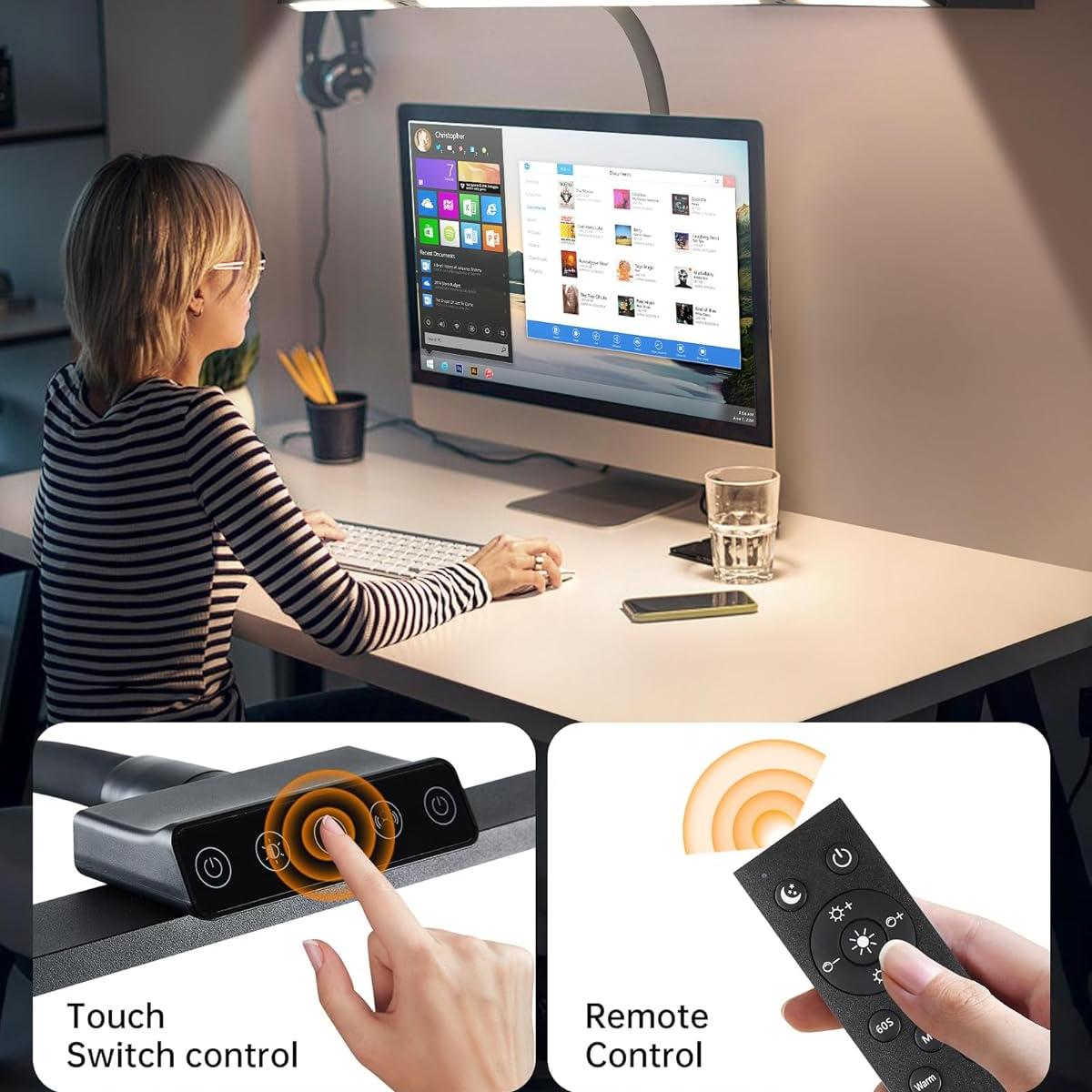 Frau am Schreibtisch mit Computer und Lampe. Touchschalter und Fernbedienung werden gezeigt. Monitor zeigt einen Bildschirm.