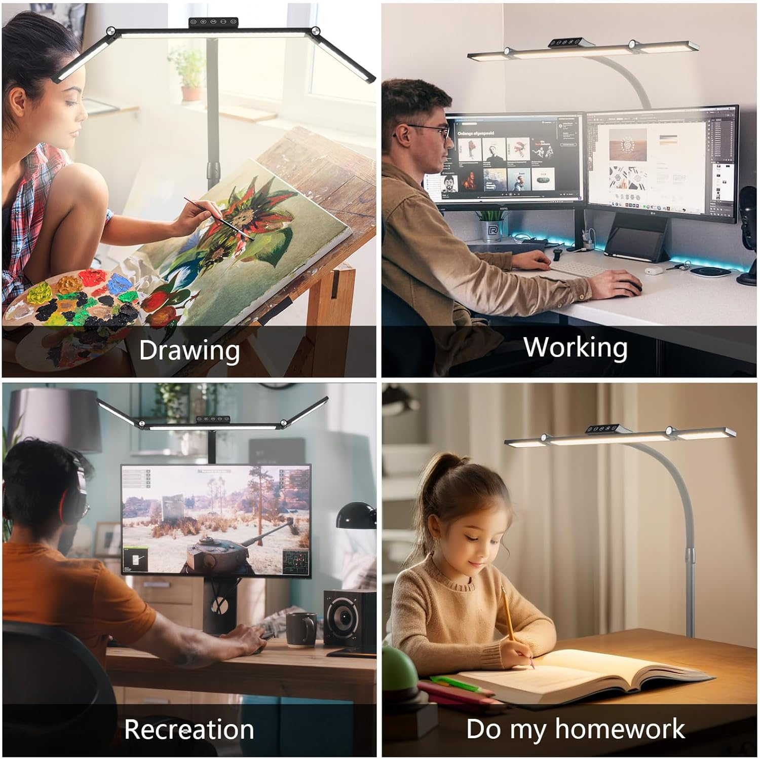 Vier Bilder, die eine Schreibtischlampe in Verwendung zeigen: Zeichnen, Arbeiten, Freizeit und Hausaufgaben.
