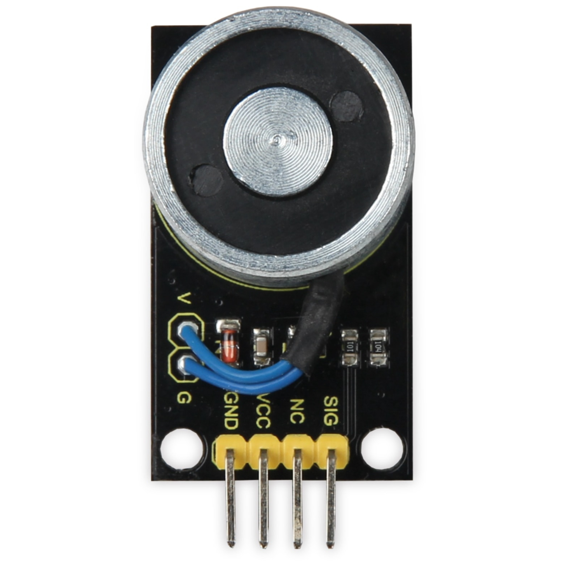 Czarny element elektroniczny z pinami i okrągłym elementem z czarnym środkiem.