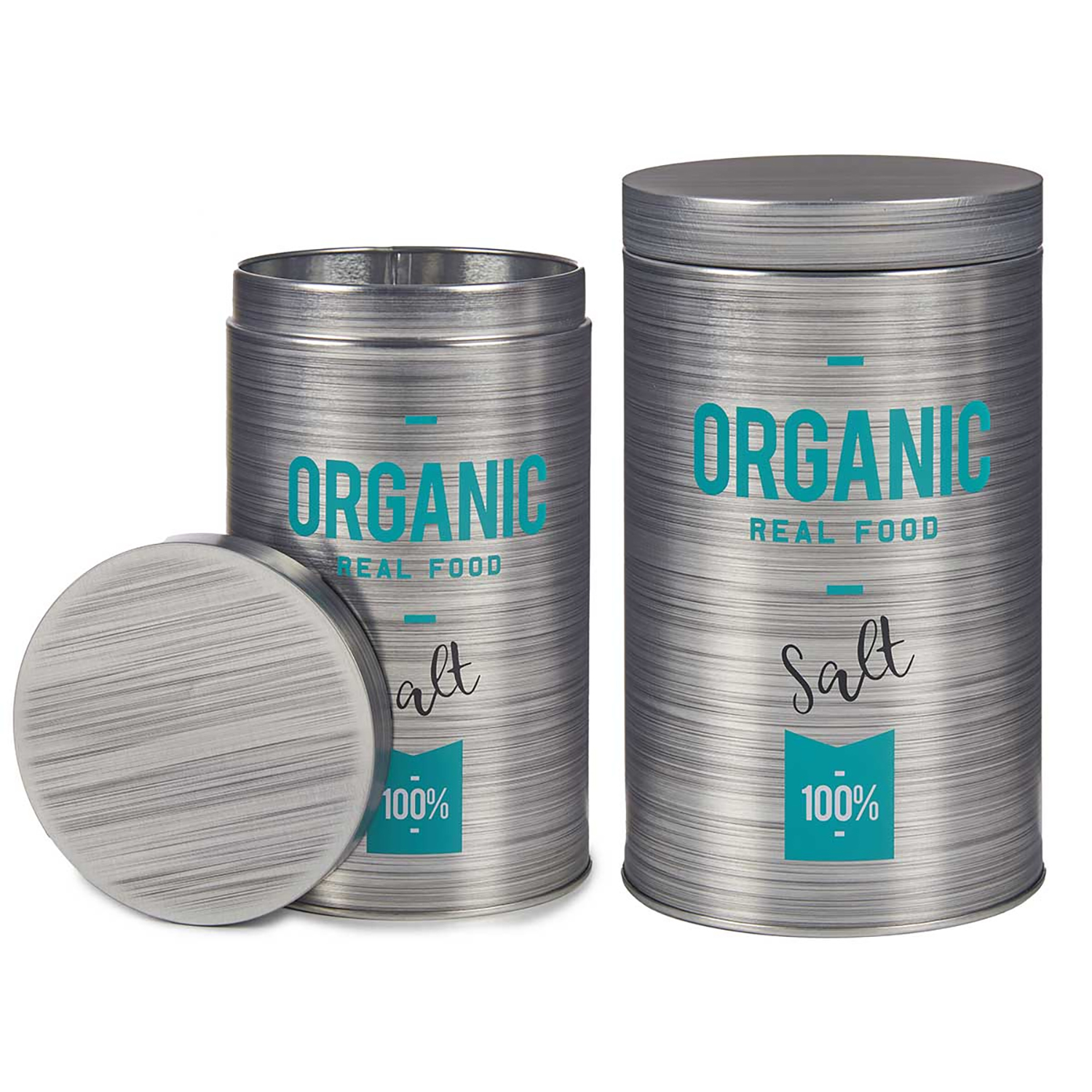 Due contenitori in metallo argentato con etichette che recitano 'ORGANIC REAL FOOD Salt 100%.'