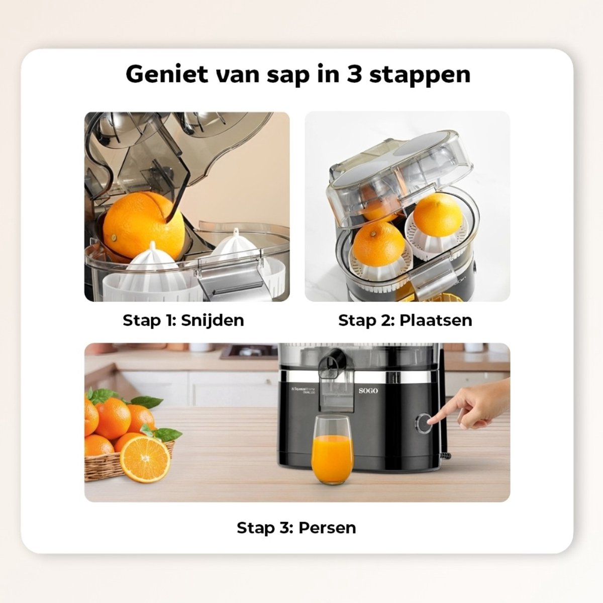 Saftzubereitungsprozess. Drei Schritte: Orangen schneiden, in die Saftpresse legen und entsaften.
