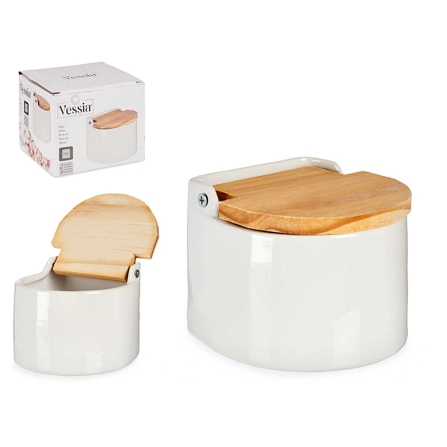 Un saliera in ceramica bianca con coperchio in legno, accanto a una scatola con lo stesso barattolo e coperchio.