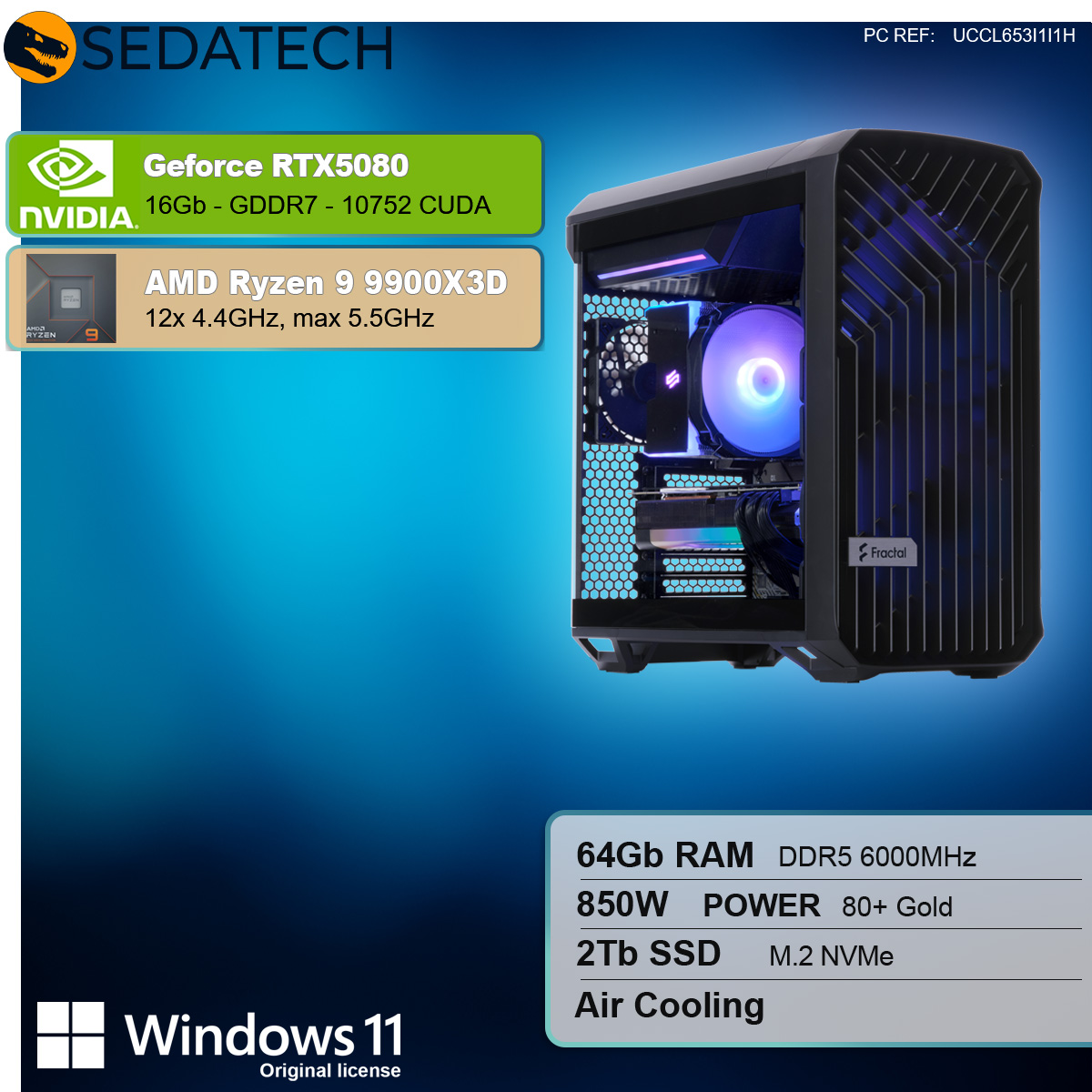 Case per computer nero con componenti interni luminosi. Specifiche: GeForce RTX5080, AMD Ryzen 9, 64GB RAM.