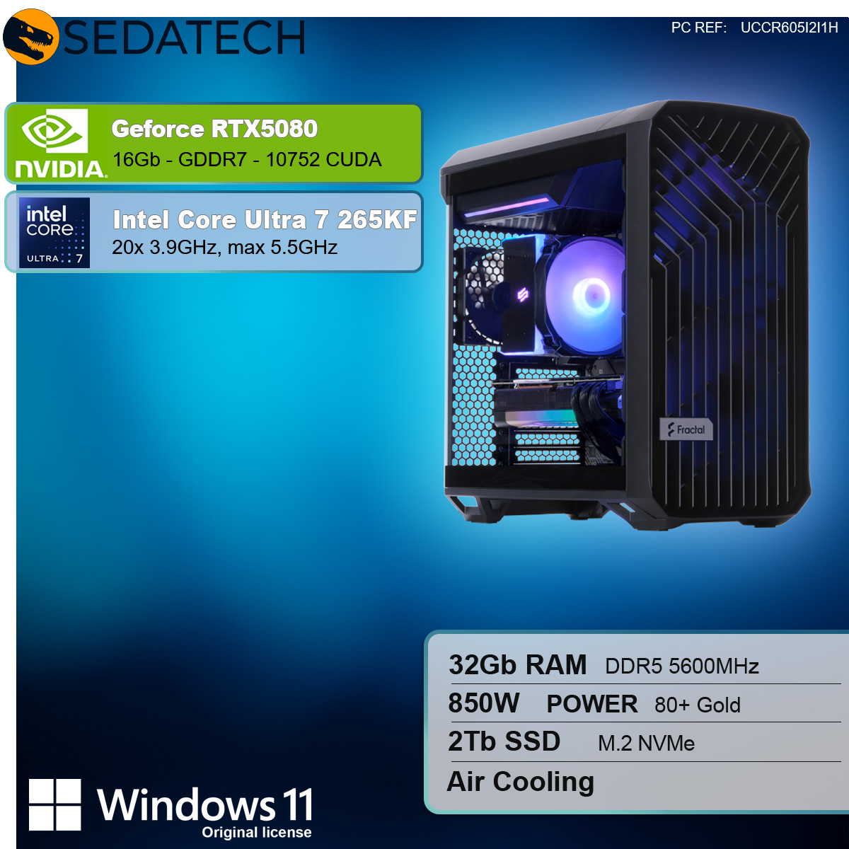 Ein Computerturm mit aufgelisteten Komponenten und Spezifikationen. Enthält NVIDIA GeForce RTX 5080.