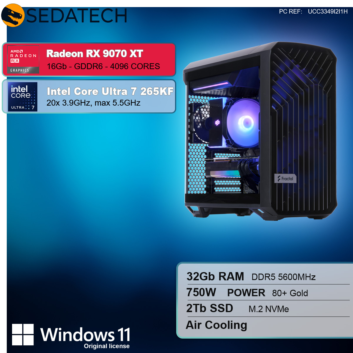 Case per computer con scheda grafica, dissipatore CPU e RAM. Le specifiche includono Radeon RX 9070 XT e Intel Core Ultra 7 265KF.