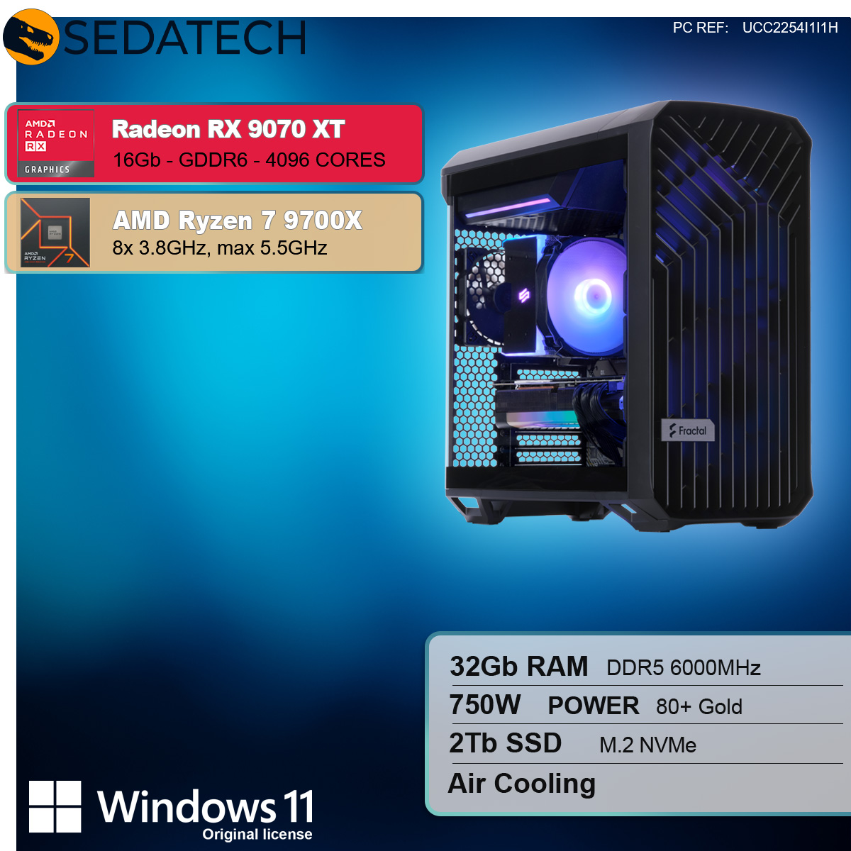 Case per computer con scheda grafica AMD Radeon RX 9070 XT, processore AMD Ryzen 7 9700X.