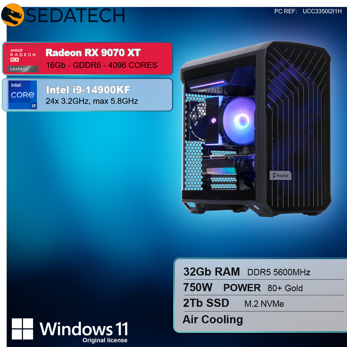 PC-Tower mit Komponenten: Intel Core i9, Radeon RX, Windows.