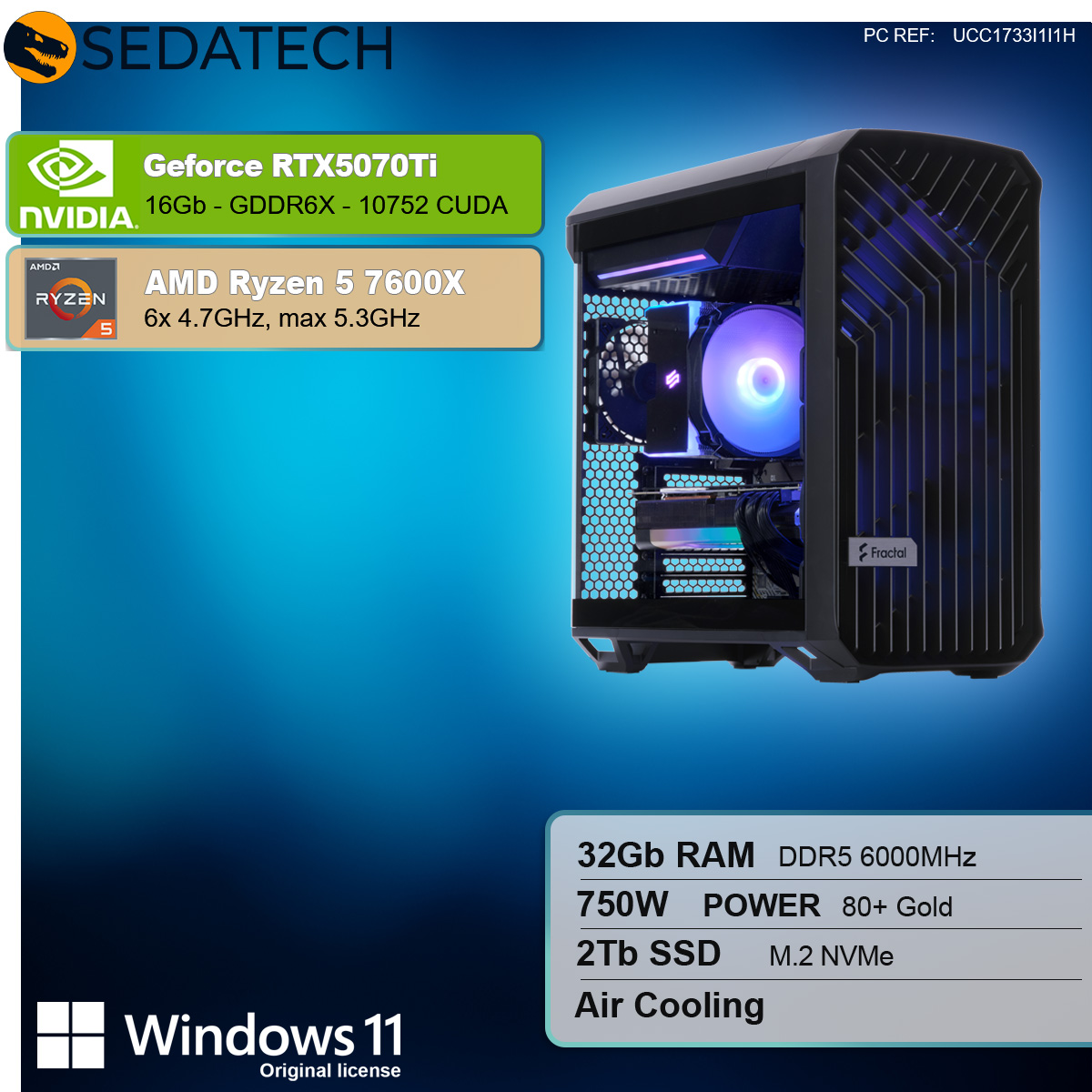 Obudowa komputera z komponentami, AMD Ryzen 5, Nvidia Geforce RTX 5070Ti.
