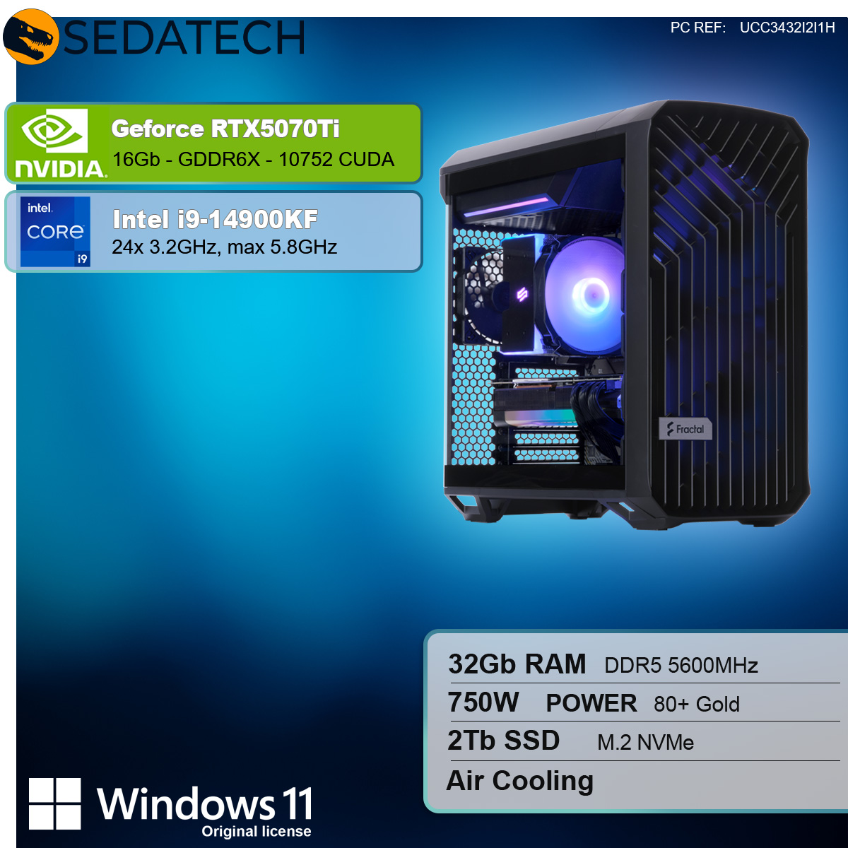 PC desktop con case nero. Include NVIDIA GeForce RTX5070Ti, Intel i9-14900KF, 32GB RAM.