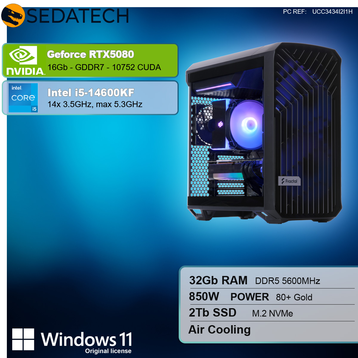 Un case per PC Sedatech con componenti, tra cui GeForce RTX5080, Intel i5-14600KF e licenza Windows 11.