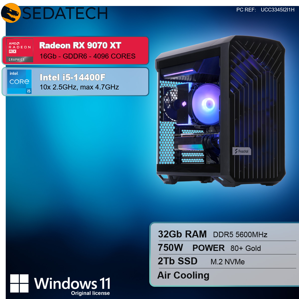 Case per computer con componenti visibili ed etichette delle specifiche: Radeon RX 9070 XT, Intel i5.