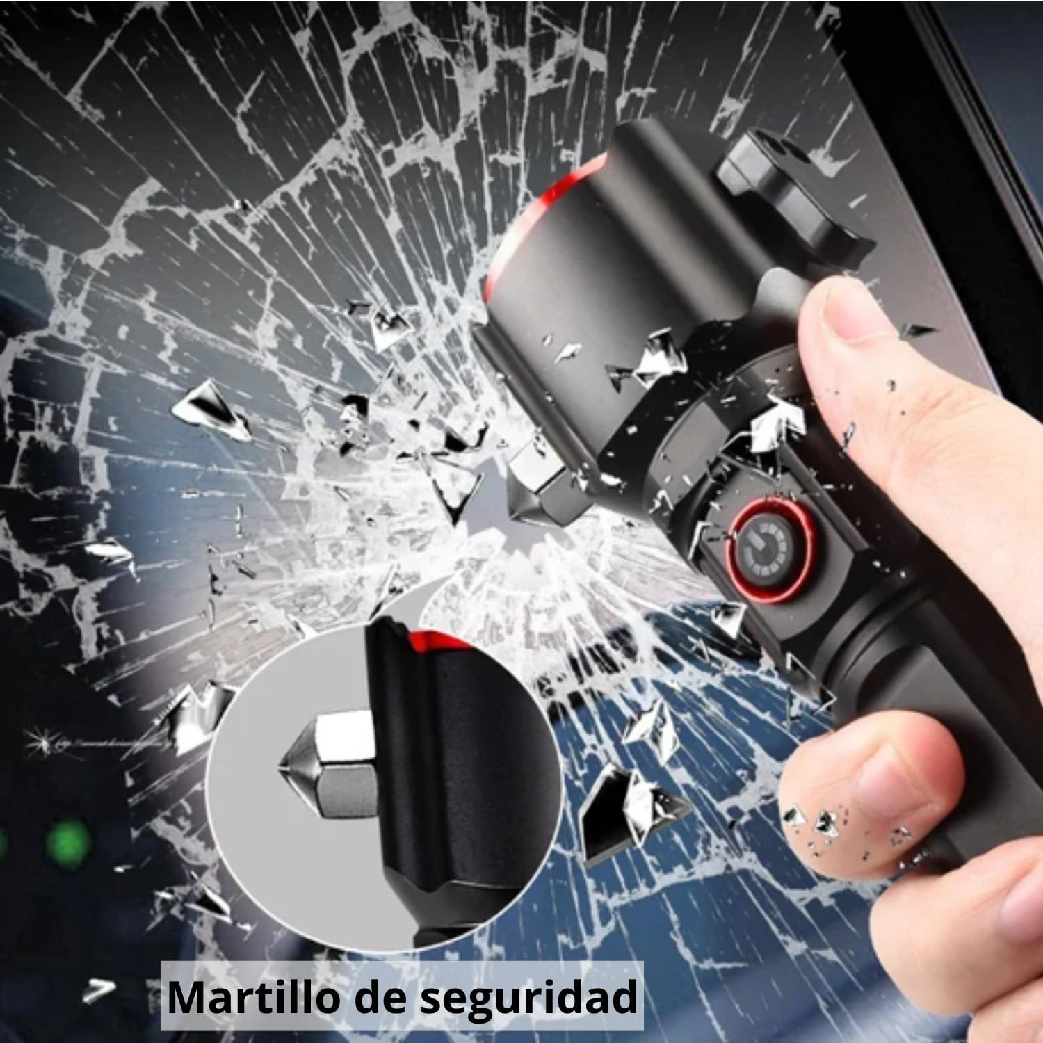 Primer plano de una linterna rompiendo una ventana de coche; concepto de martillo de seguridad.