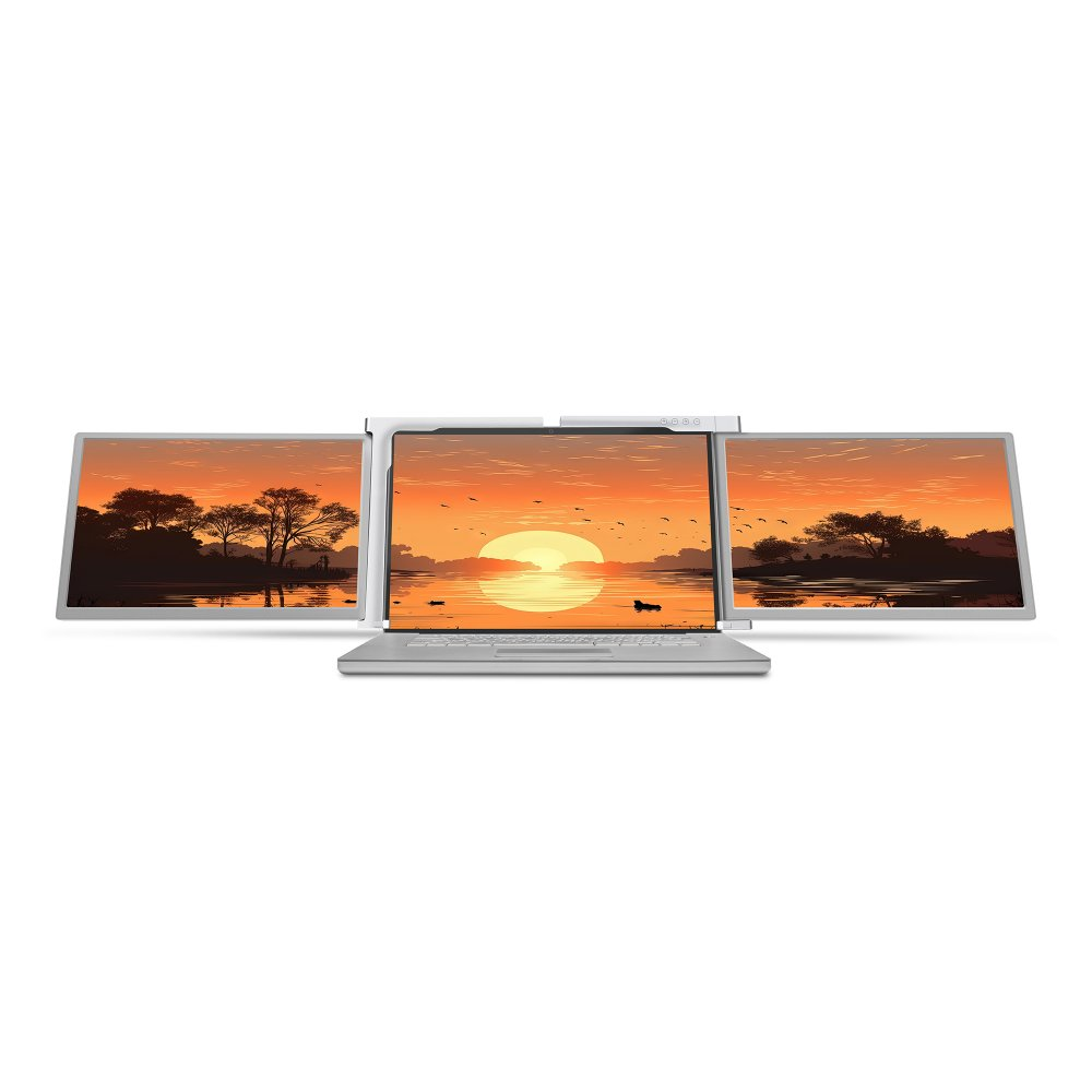 Laptop z trzema dodatkowymi ekranami, wyświetlający zachód słońca nad jeziorem.