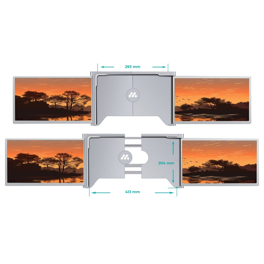 Dwa monitory połączone srebrną podstawą, pokazujące scenę zachodu słońca.