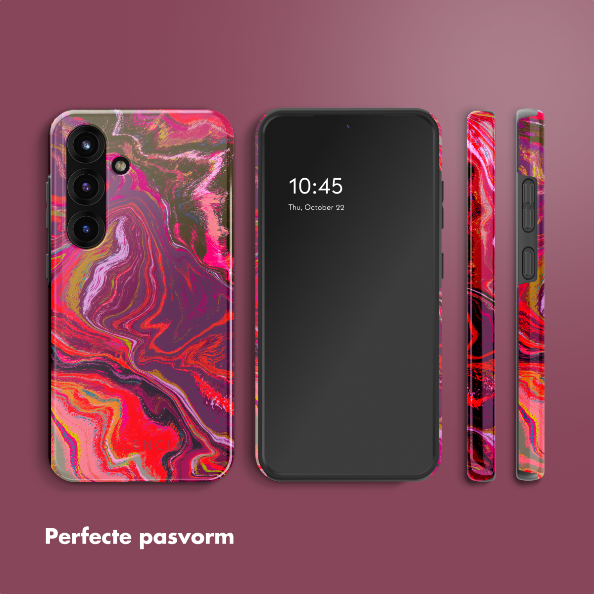 Drie telefoons: een met hoesje, een met scherm en een met hoesje, allemaal roze en rood.