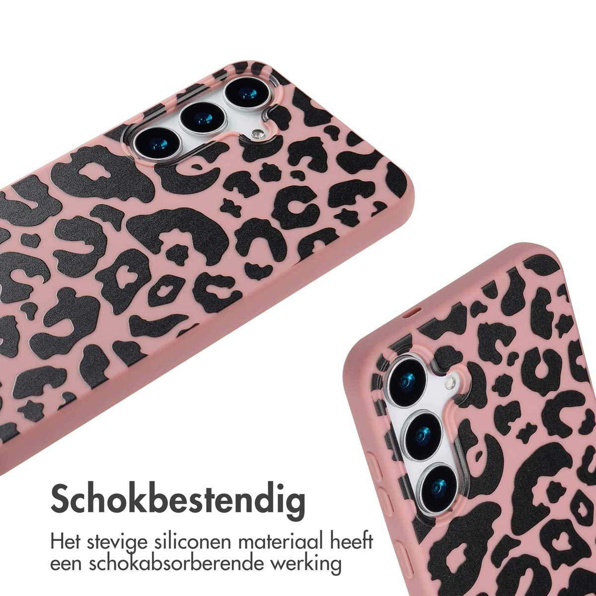 Coques de téléphone roses avec imprimé léopard noir. Les coques sont inclinées, avec un focus rapproché.