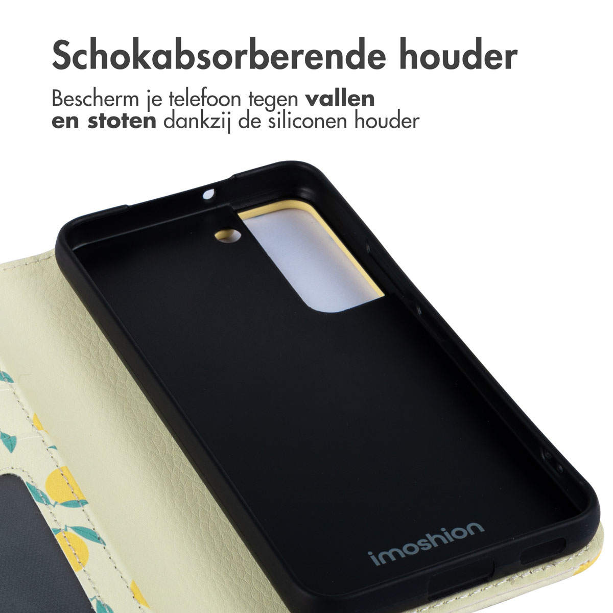 Un intérieur d'étui de téléphone avec un motif de citron, avec du texte au-dessus.