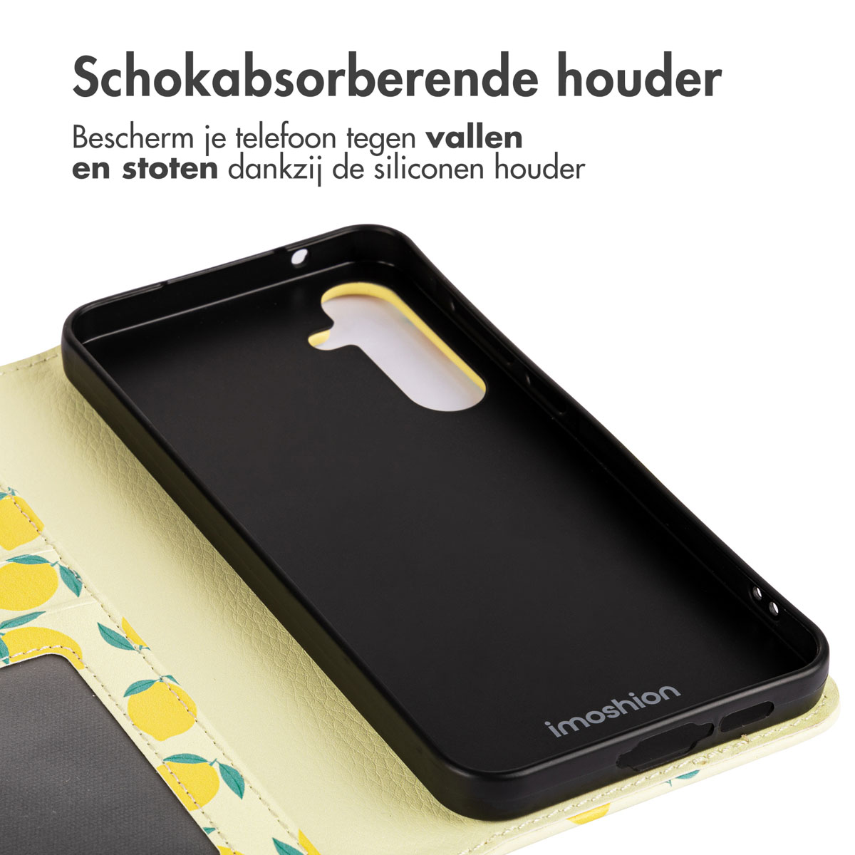 Zwarte telefoonhoes met een geel citroenontwerp, open, de binnenkant zichtbaar.
