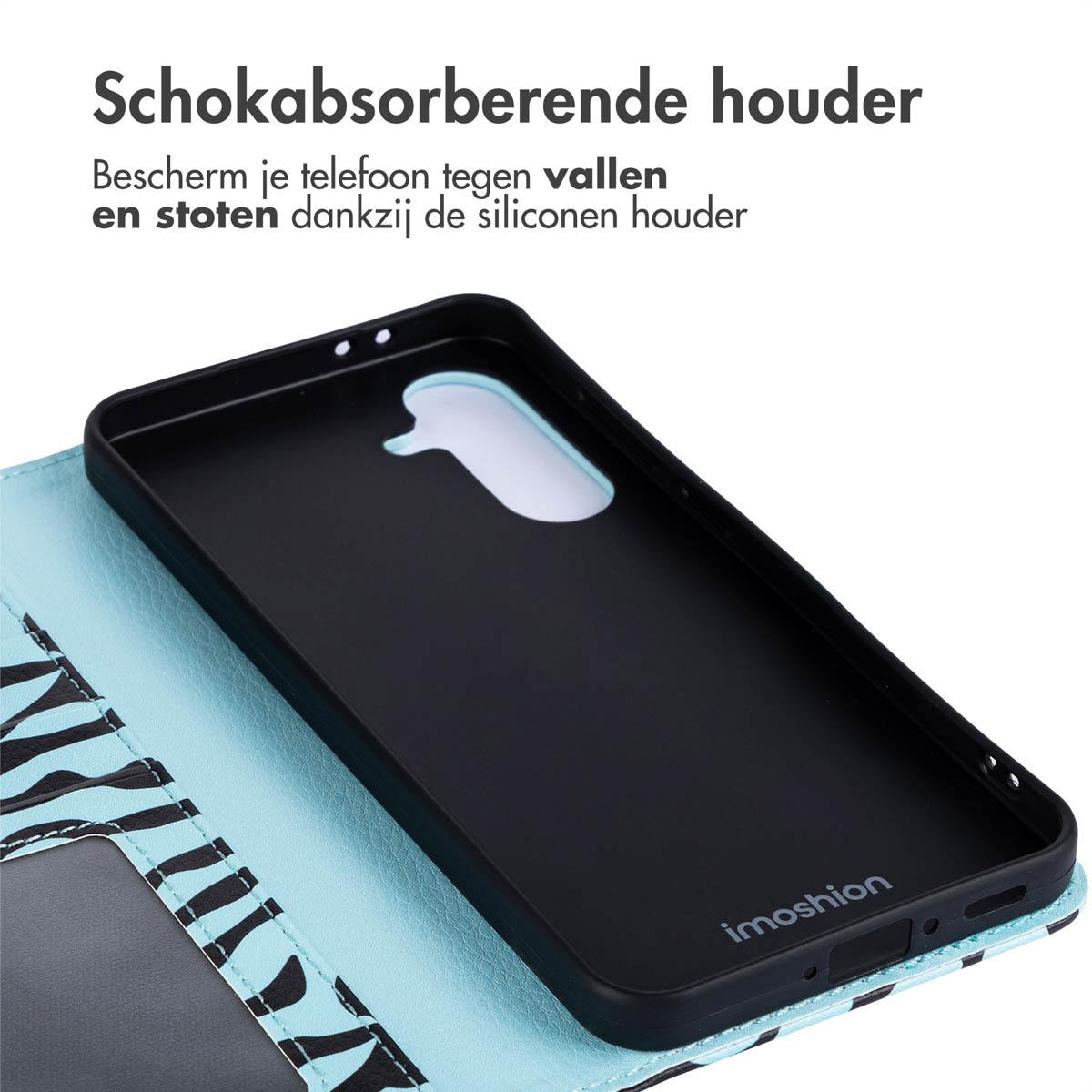 Zwarte telefoonhoes in een portemonnee met zebraprint. Tekst: 'Schokabsorberende houder'.