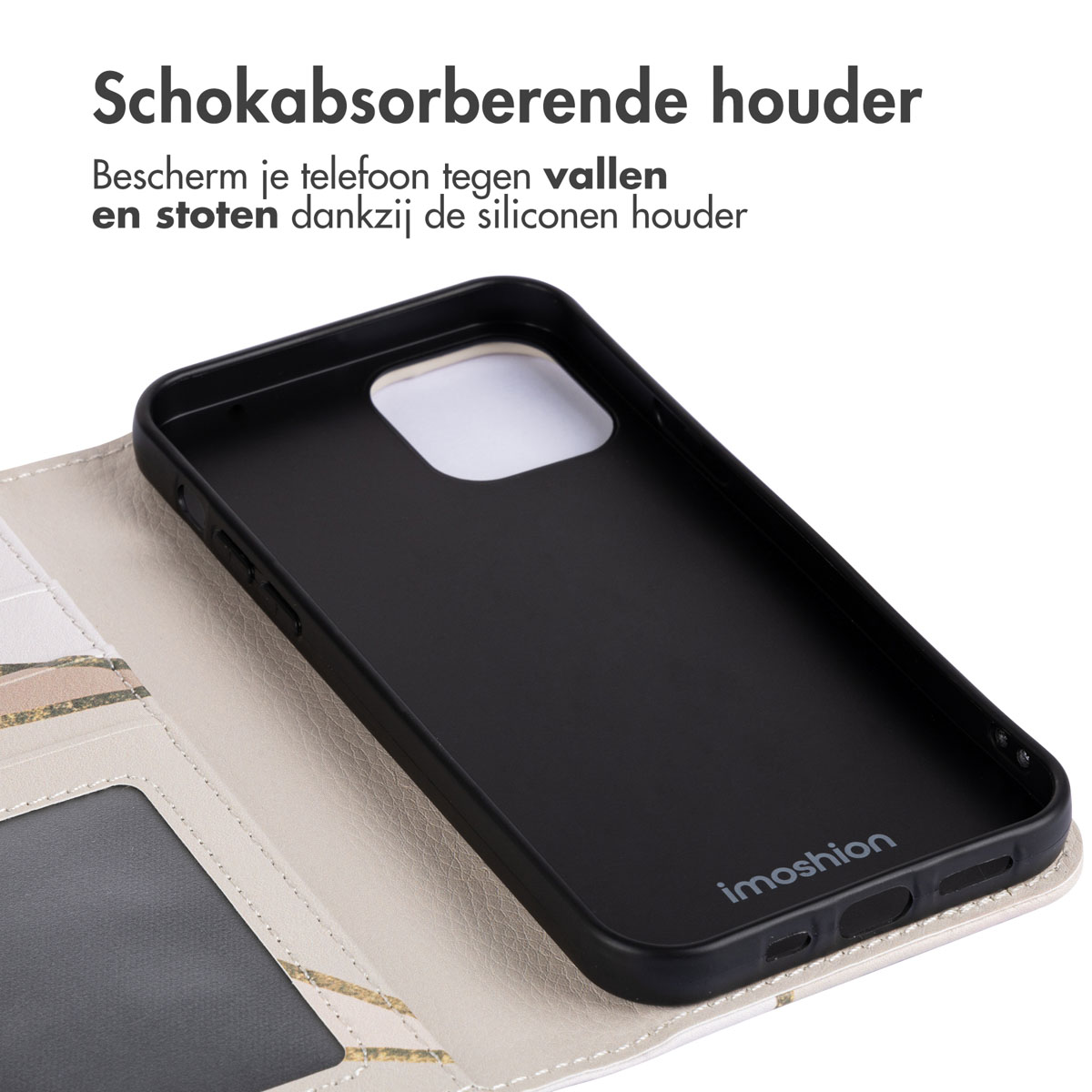 Coque de téléphone noire avec fente pour carte, ouverte pour révéler l'intérieur.