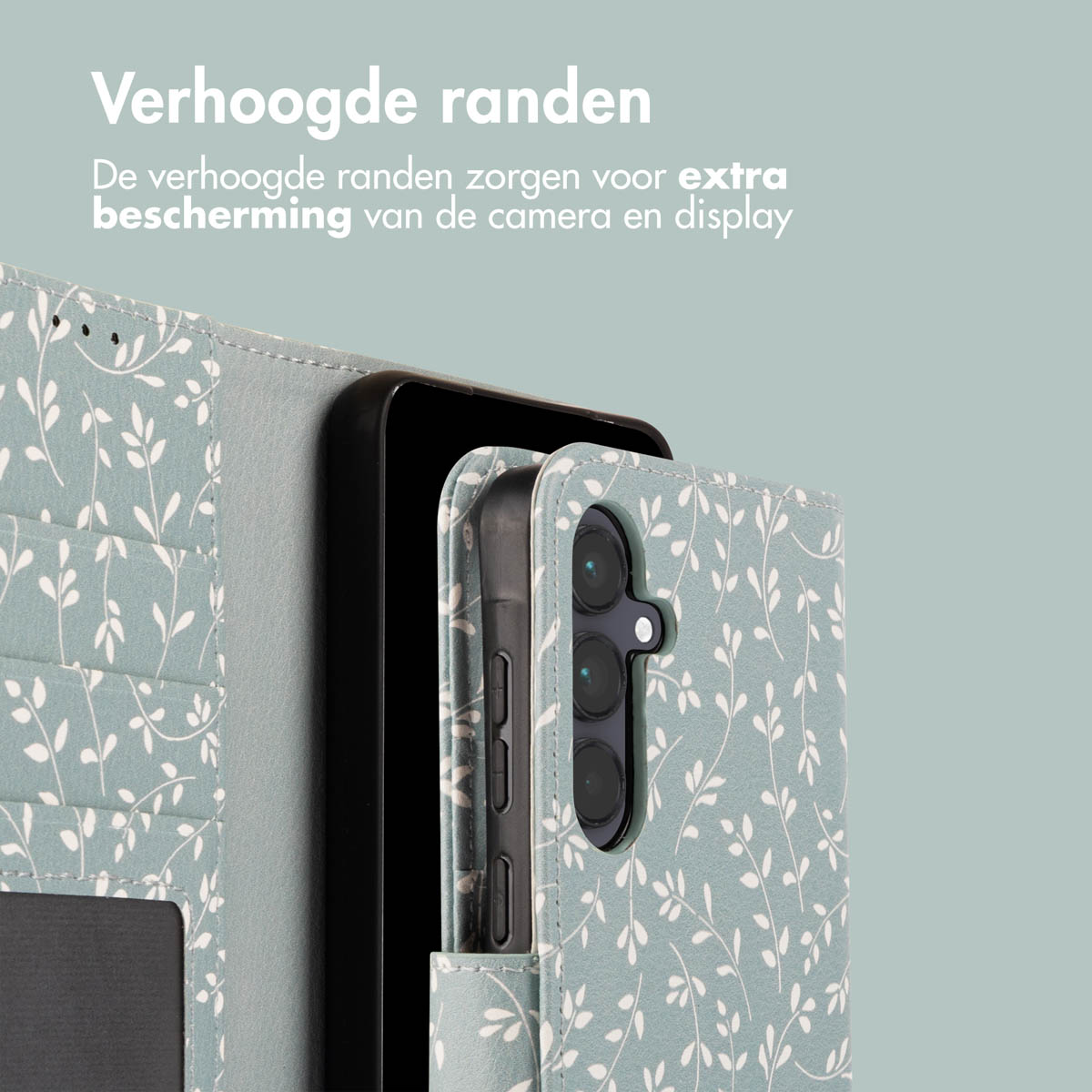 Coque de téléphone avec un motif floral. Le téléphone est dans l'étui. L'étui a des bords surélevés.