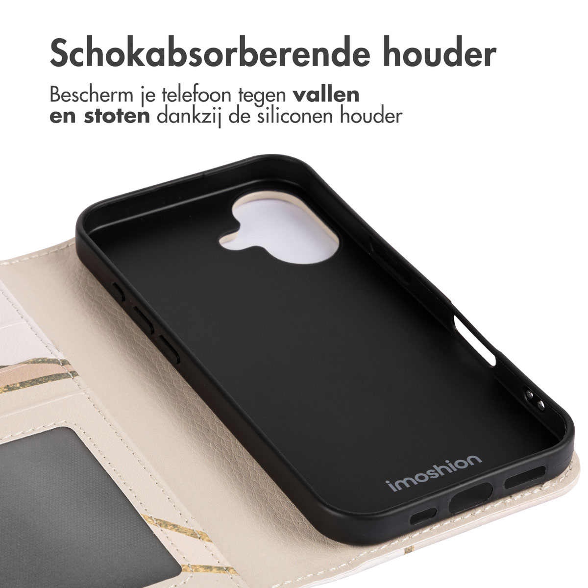 Zwarte telefoonhoes open, met een zwart interieur en een patroon op de buitenhoes.