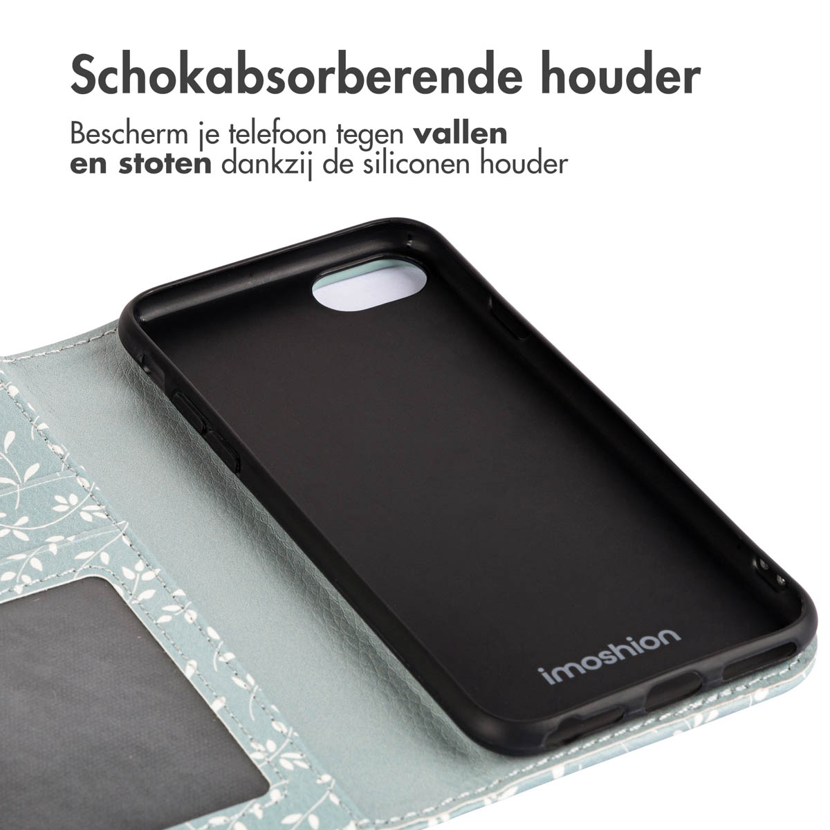 Open telefoonhoes met een zwarte binnenhoes met een bloemenpatroon.