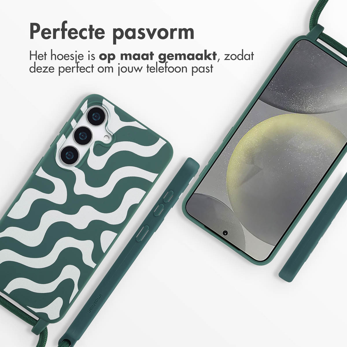 Un étui de téléphone vert avec une sangle verte et un téléphone à l'intérieur. L'étui a un motif de vagues blanches.