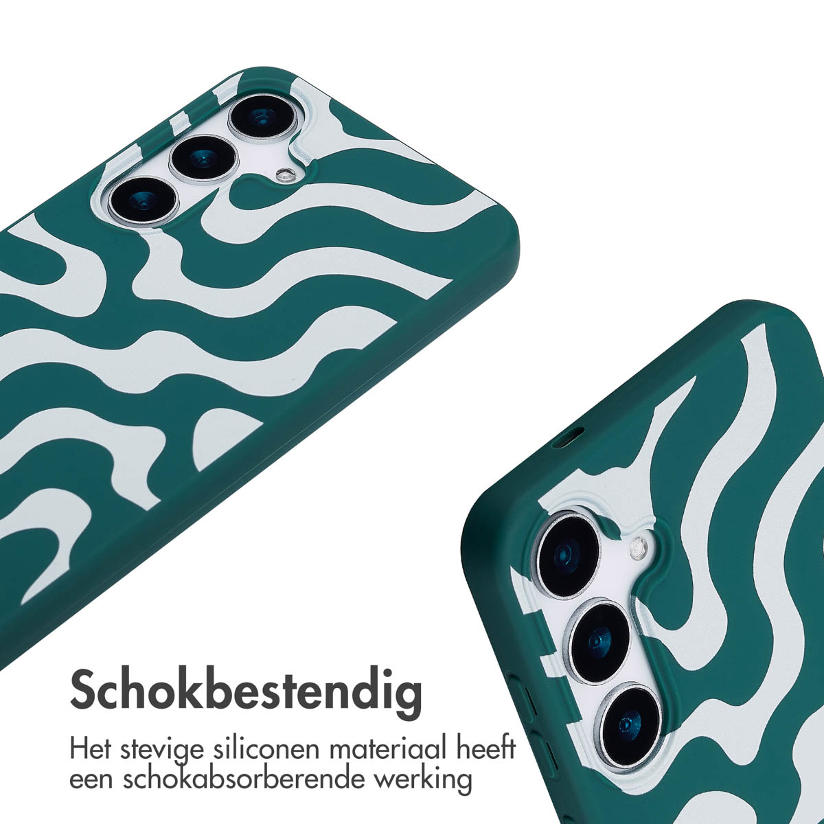 Deux coques de téléphone avec un design ondulé vert et blanc. Texte : 'Antichoc'.